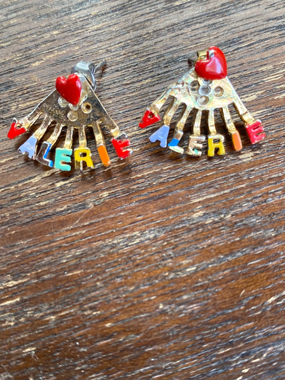 Colorful 'VALERIE' Fan Letter Stud Earrings with Red Heart